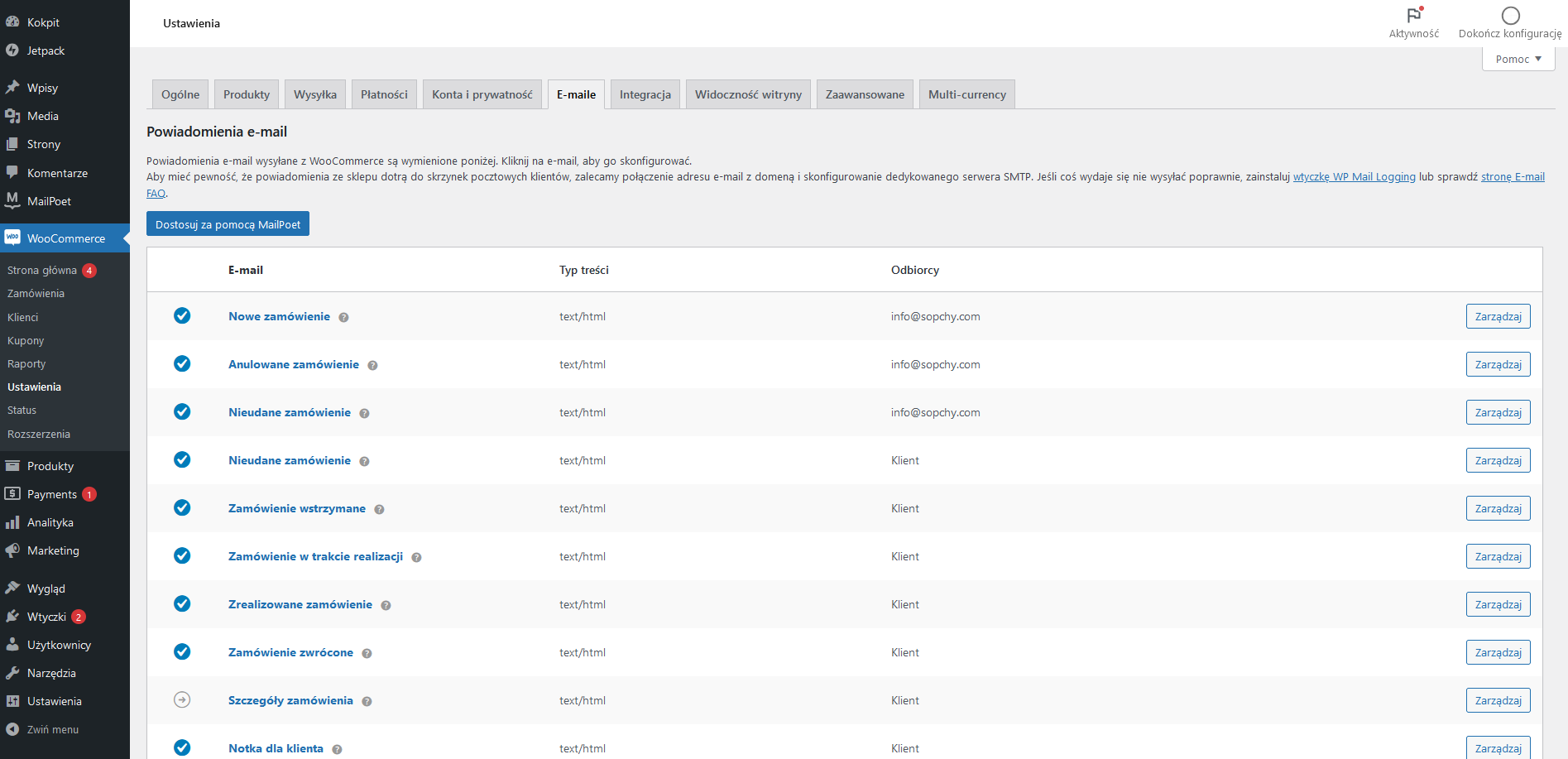 E-maile w WooCommerce - ustawienia