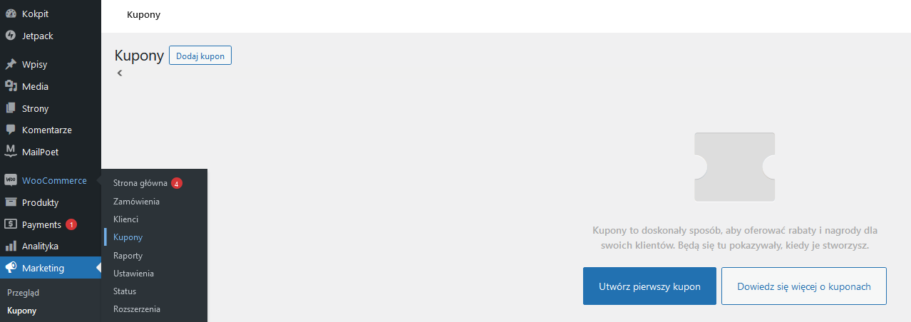Kupony w WooCommerce - nowy kupon