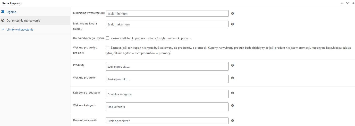 Kupony w WooCommerce - Ograniczenia użytkowania