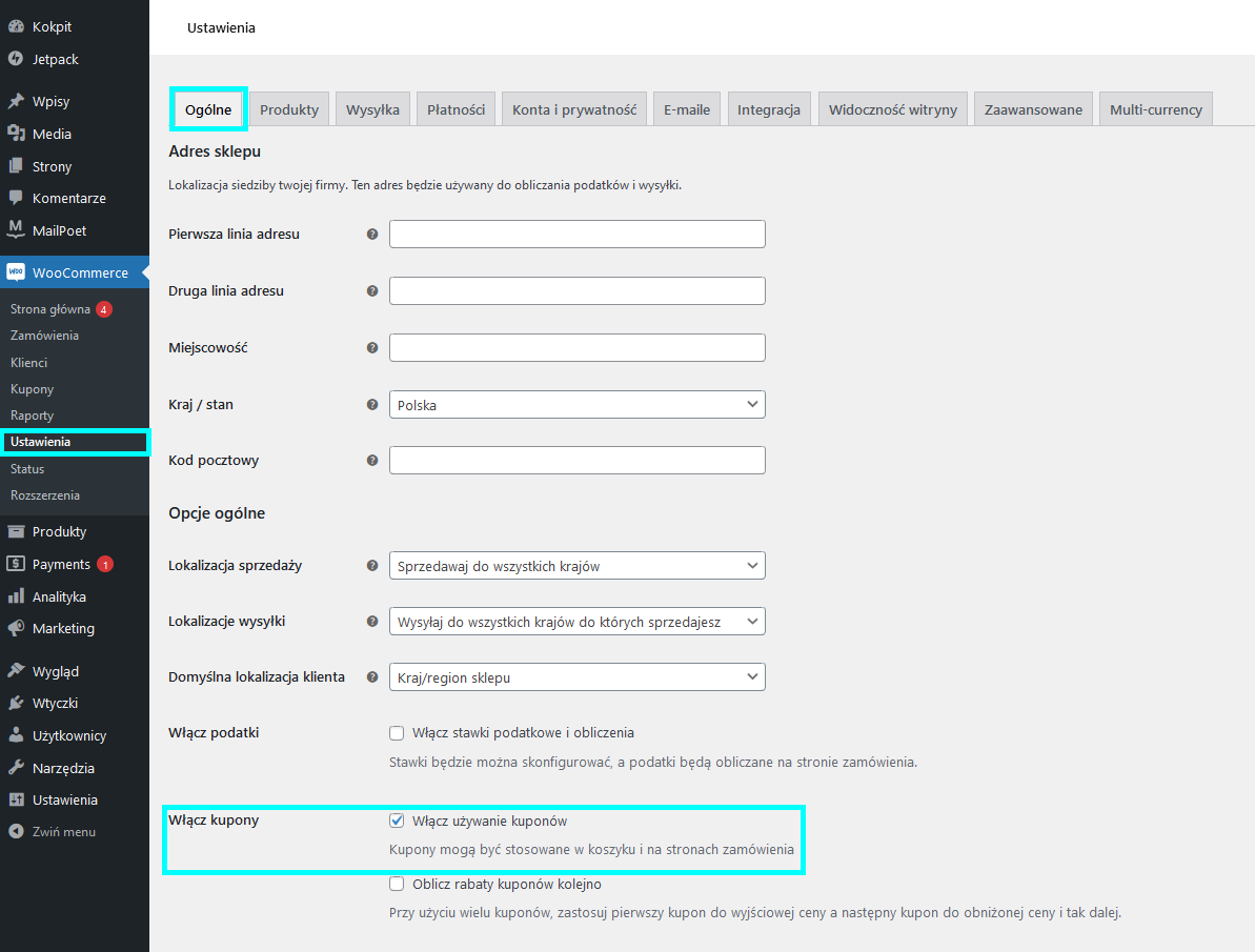 Kupony w WooCommerce - włącz