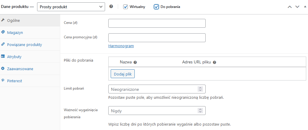 Produkty w WooCommerce - produkt wirtualny, produkt do pobrania