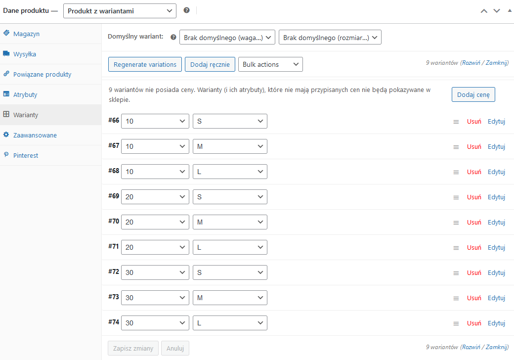 Produkty w WooCommerce - wygenerowane warianty